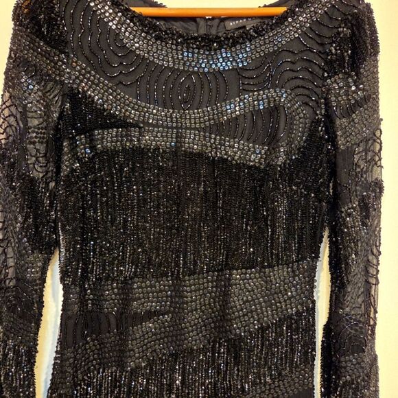 Aidan Mattox Black Sequin Beaded Sheath Evening Cocktail Long Sleeve Dress 6 - Picture 2 of 10